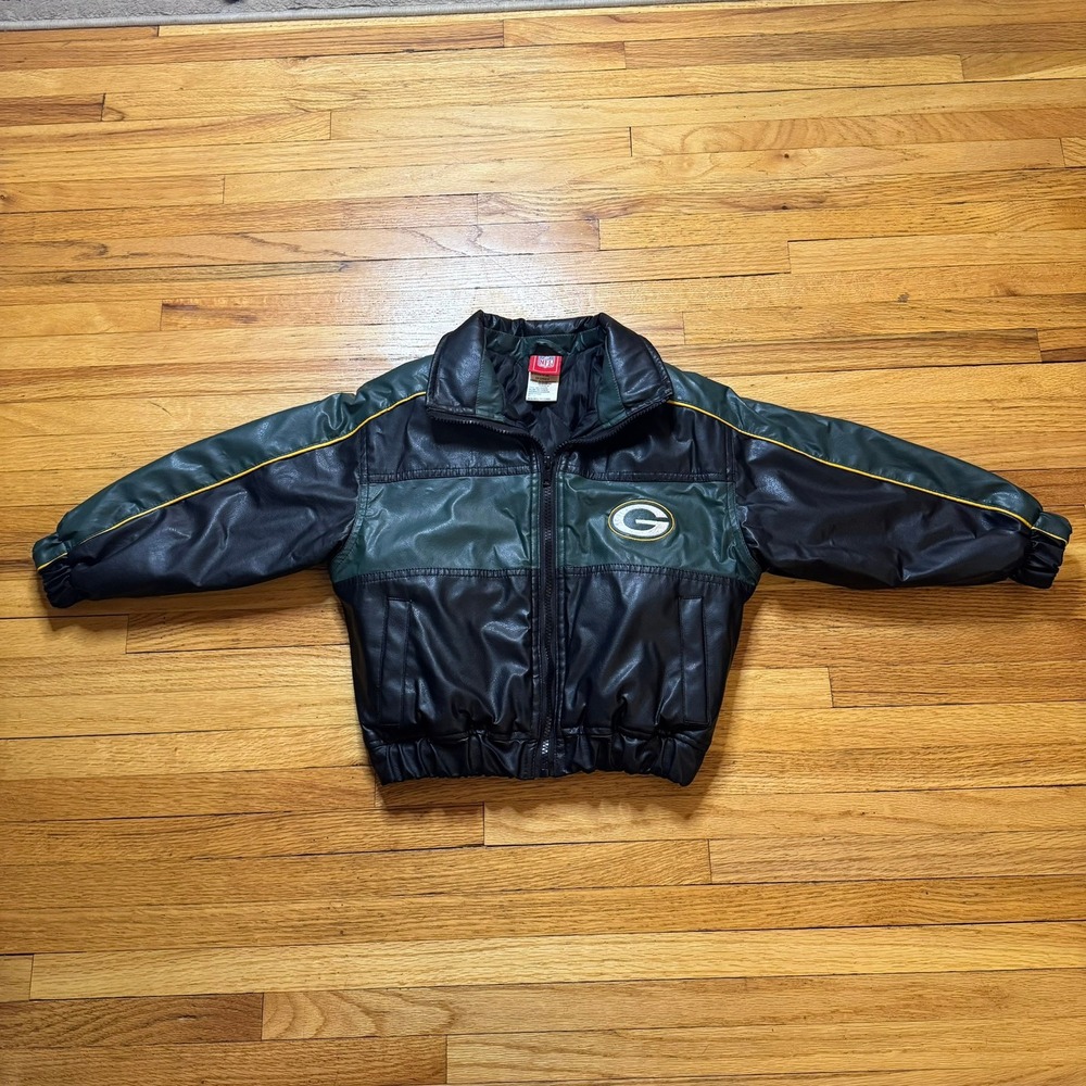 NFL Vintage 90s Y2K Green Bay Packers Kids Faux Leather Bomber Jacket Sz 4 Small